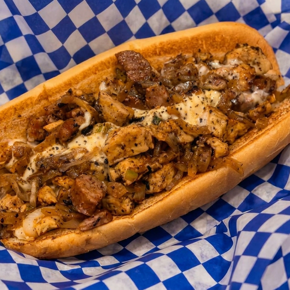 Toasted hoagie roll filled with seasoned chicken, steak, sautéed onions, mushrooms, and melted cheese on blue-and-white checkered paper.