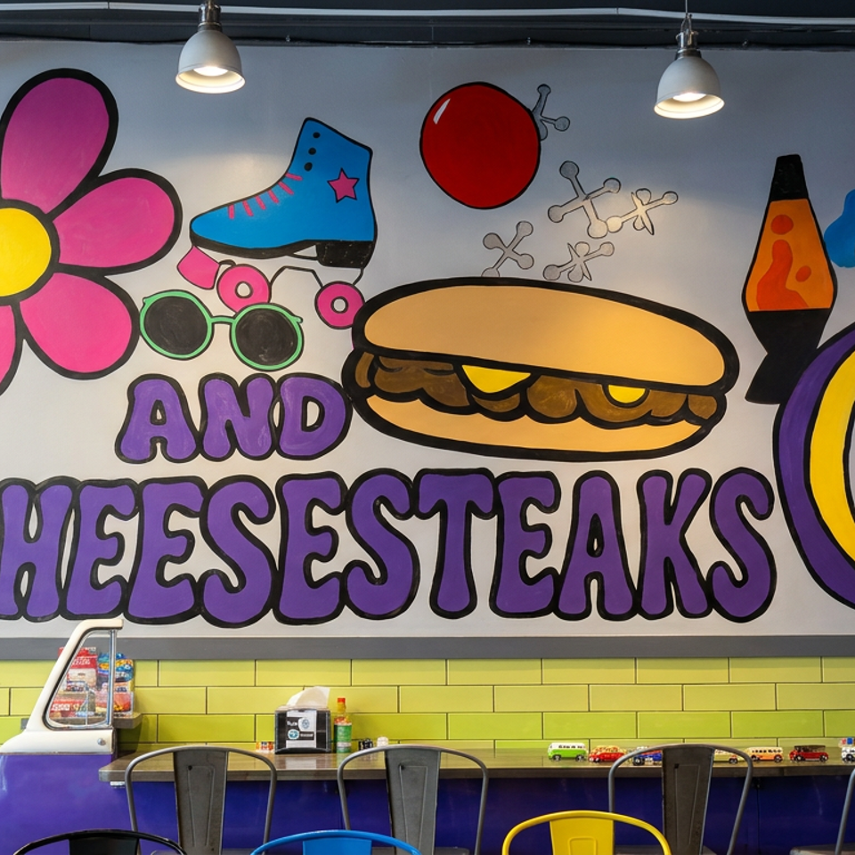 Colorful retro mural reading “And Cheesesteaks,” featuring a flower, roller skate, sandwich, lava lamp, cassette tape, and peace sign.