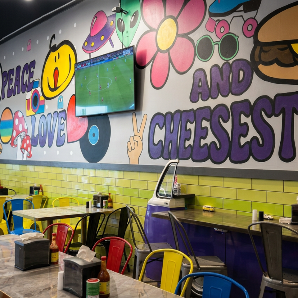 Colorful restaurant dining room with mural reading “Peace, Love and Cheesesteak,” vibrant chairs, tables, and diners.