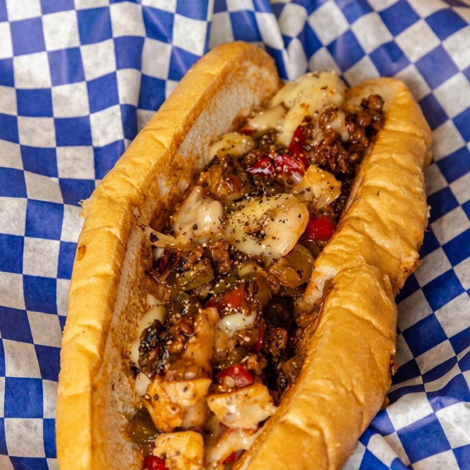 Toasted hoagie filled with grilled chicken, mushrooms, peppers, onions, melted cheese, and seasoning on blue-and-white checkered paper.