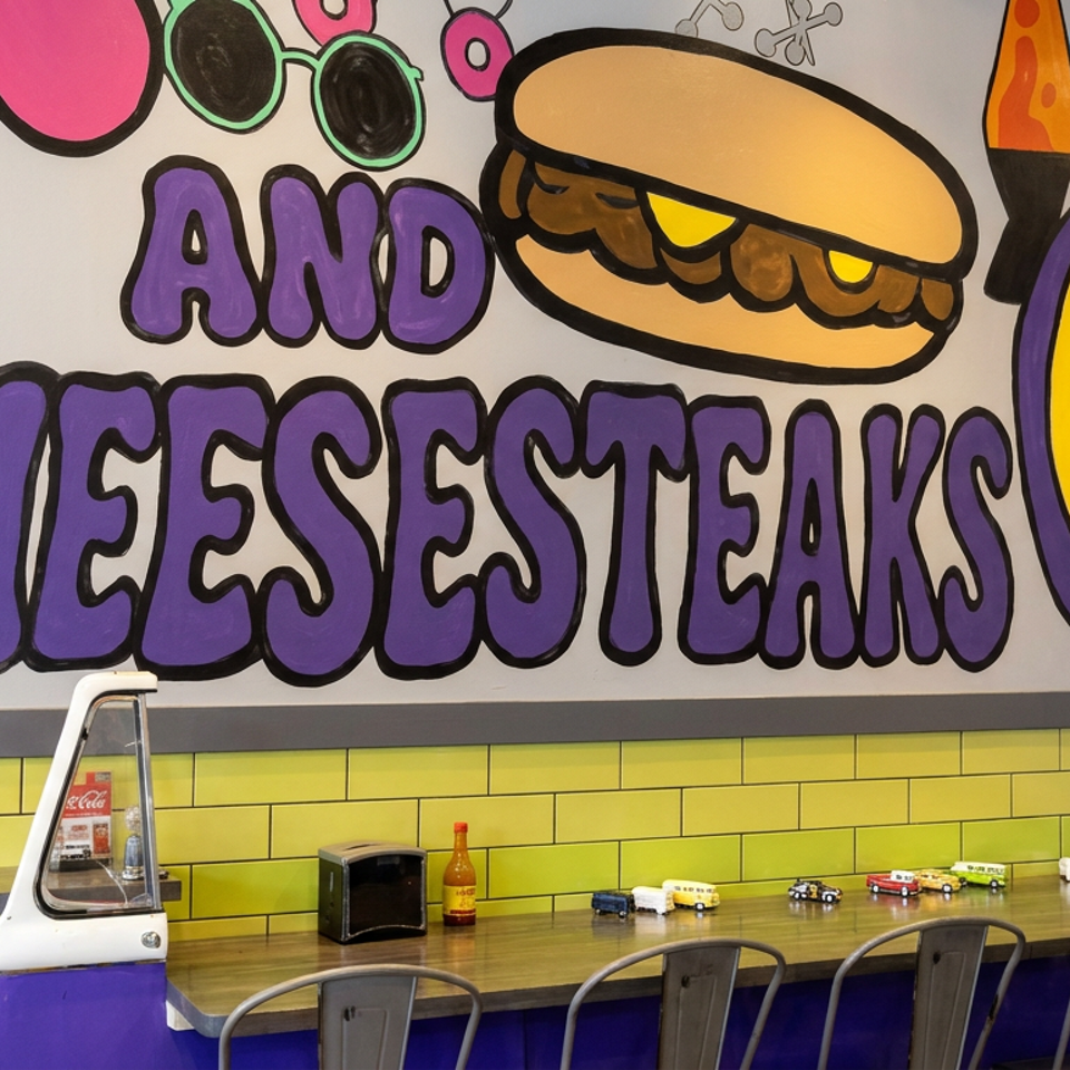 Colorful restaurant wall mural reading “AND CHEESESTEAKS,” with a sandwich illustration, peace sign, and counter seating.