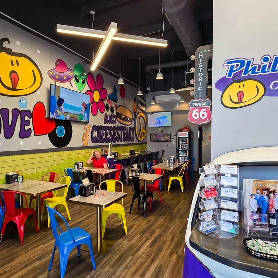 Colorful Philly cheesesteak restaurant interior with mural artwork, multicolored chairs, dining tables, and a curved service counter.