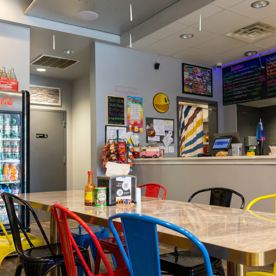 Bright restaurant interior with colorful metal chairs, communal table, Coca-Cola refrigerator, counter, and illuminated menu boards.