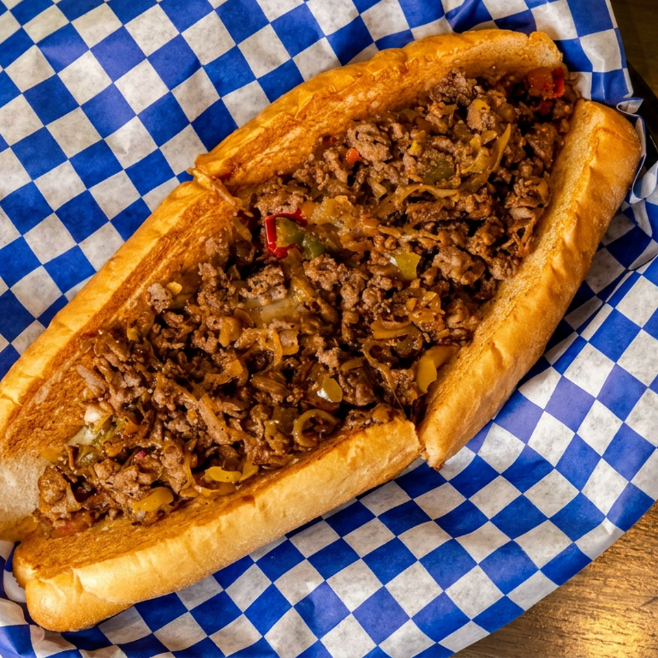 Toasted hoagie roll filled with seasoned ground meat, sautéed onions, peppers, and crispy toppings on blue-and-white checkered paper.