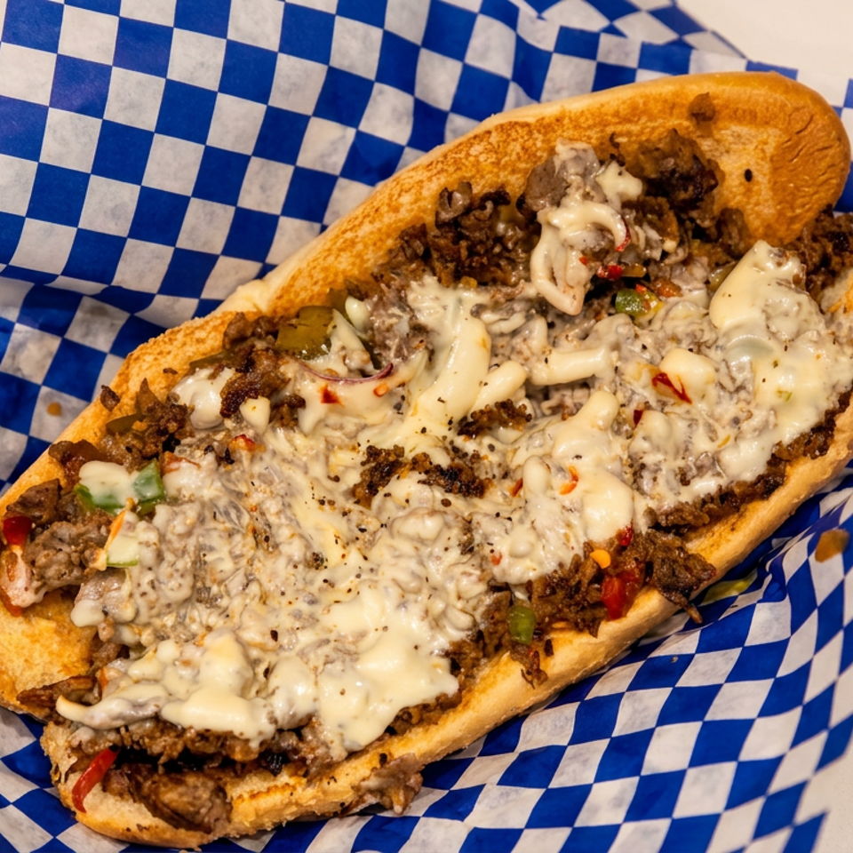 Philly cheesesteak sandwich with chopped beef, melted cheese, mushrooms, and peppers on blue-and-white checkered paper.