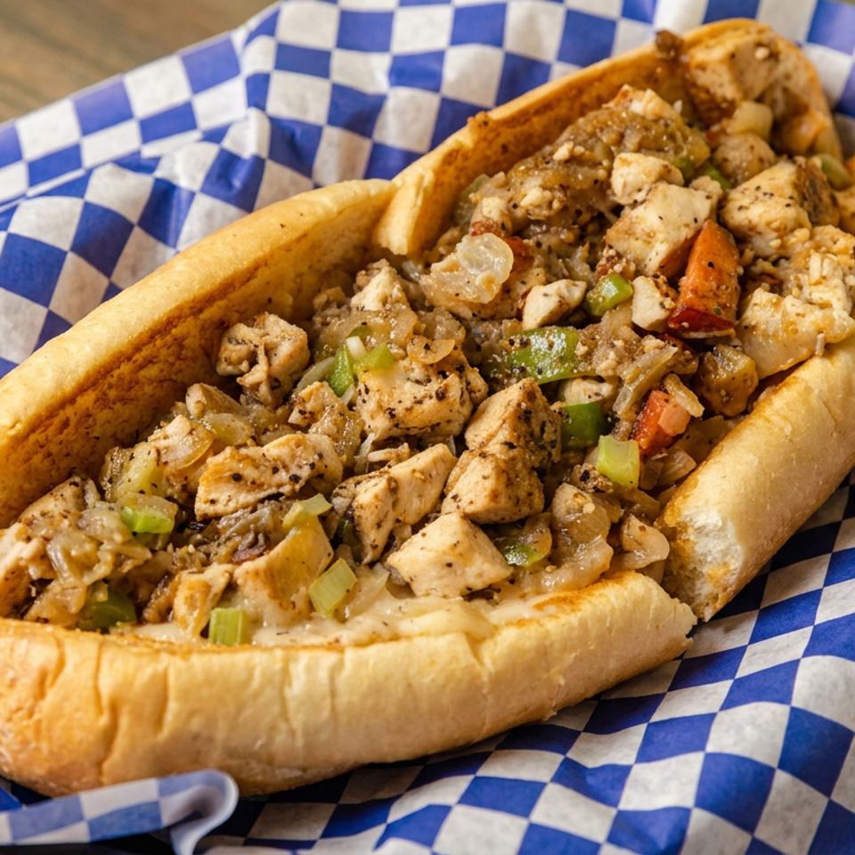 Toasted sub roll filled with seasoned diced chicken, onions, green peppers, mushrooms, and tomatoes on blue-and-white checkered paper.