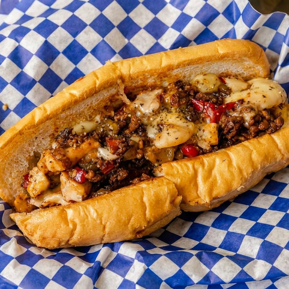 Toasted sub roll filled with seasoned chicken, melted cheese, peppers, and onions on blue-and-white checkered paper.