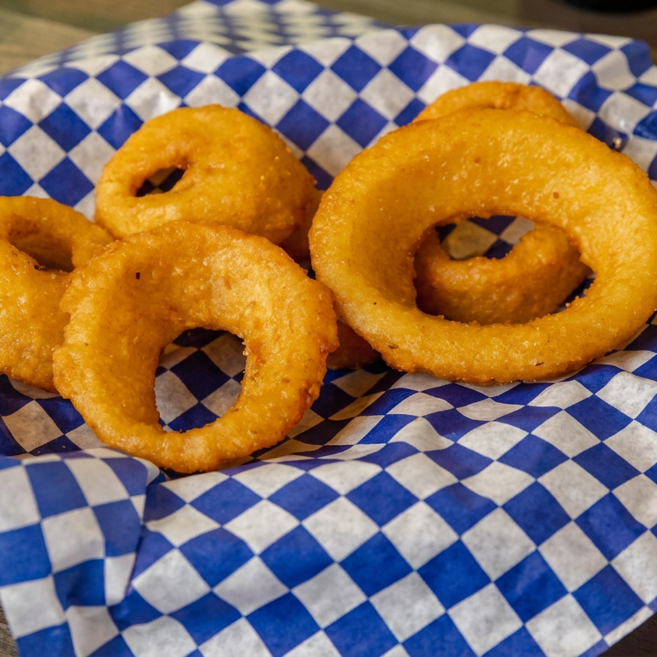 Golden-brown fried onion rings served in a basket lined with blue-and-white checkered paper on a wooden table.
