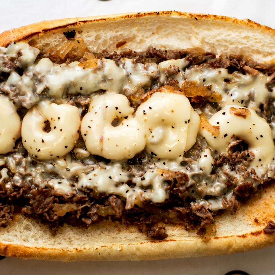 Close-up cheesesteak sandwich with shaved beef, melted cheese, sautéed onions, and creamy sauce on a toasted roll.